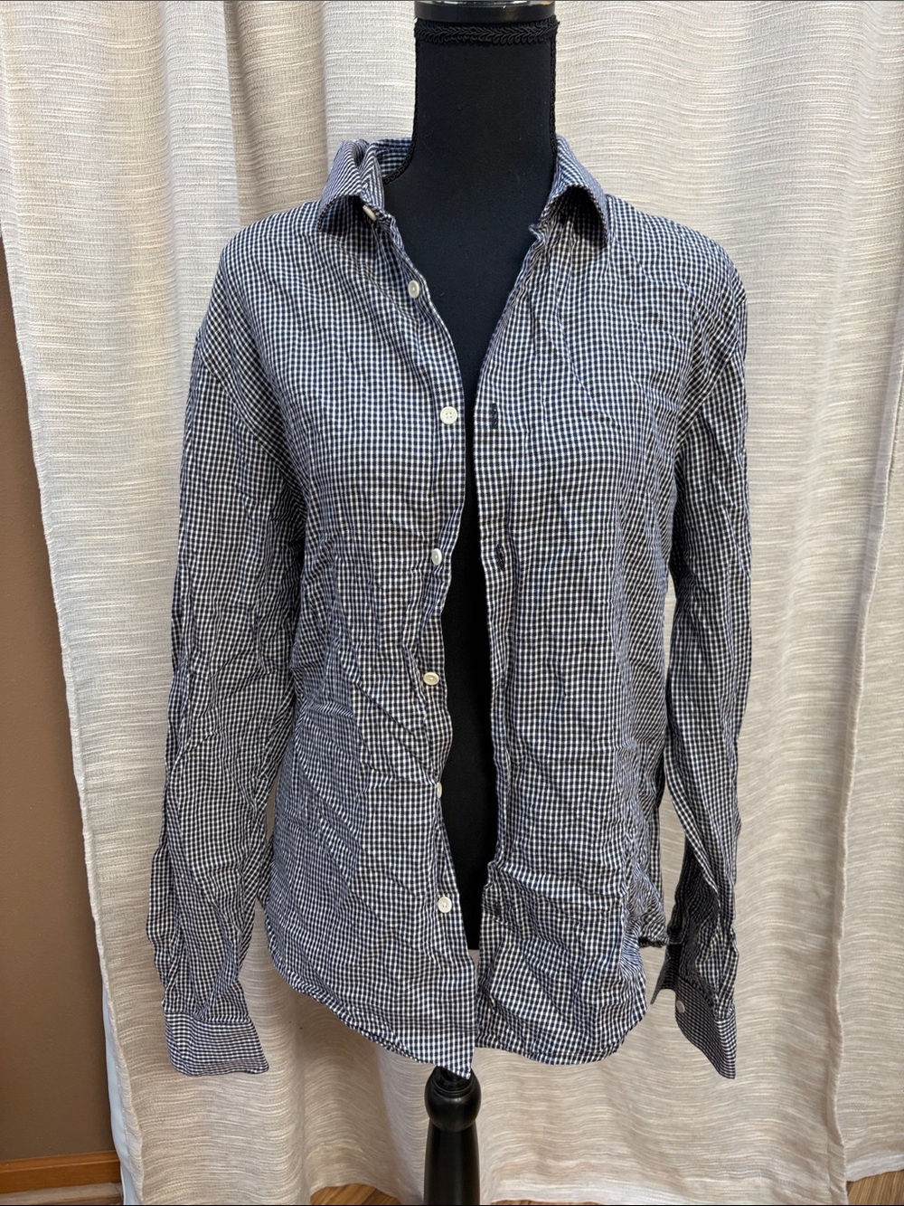 Sandro Men’s Navy and White Gingham Button-Down Shirt
